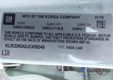 2018 Chevrolet Spark 1Lt Cvt из США, поврежденный, VIN KL8CD6SA0JC458348